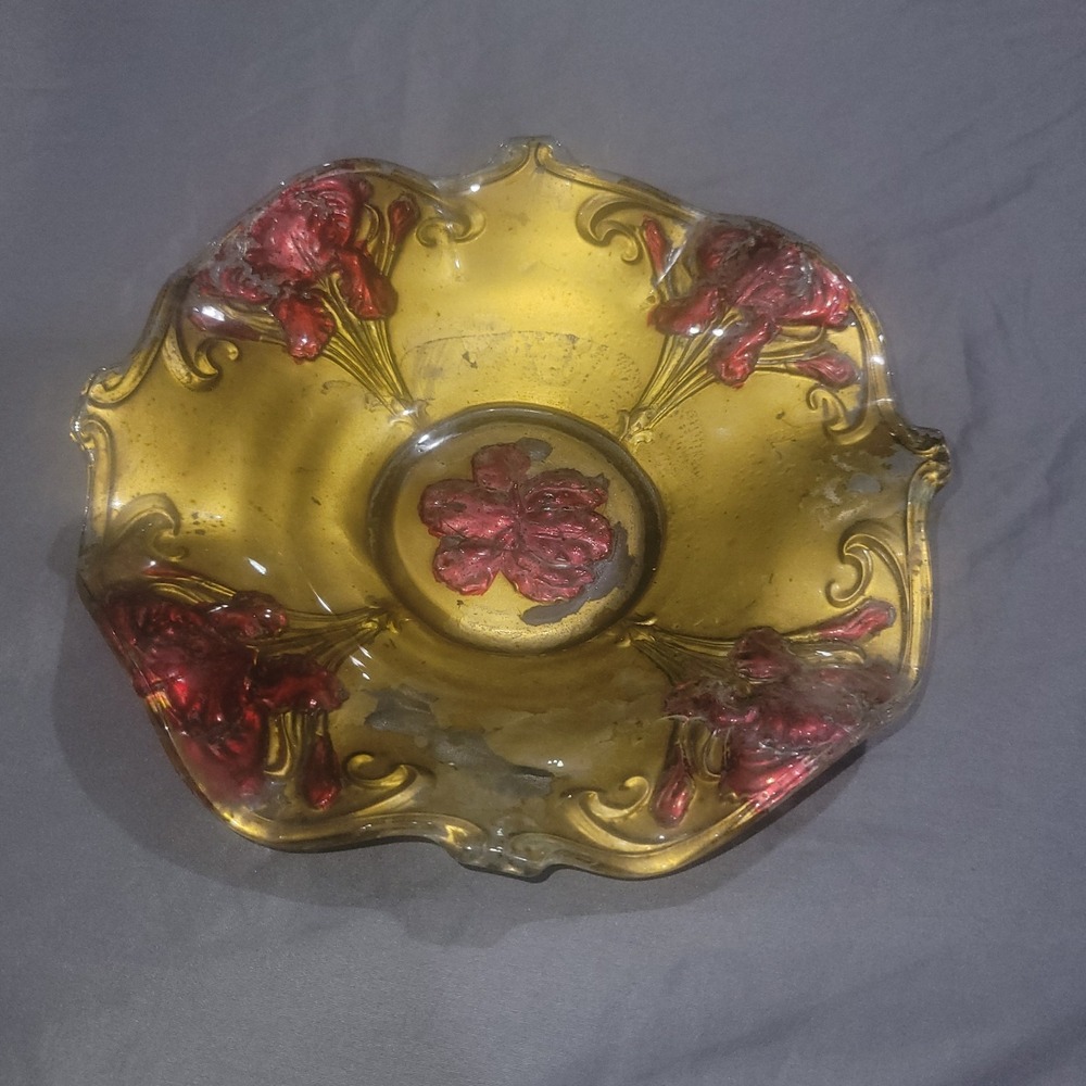 Vintage Goofus Red Gold Reverse Painted Glass Bowl Flowers Antique